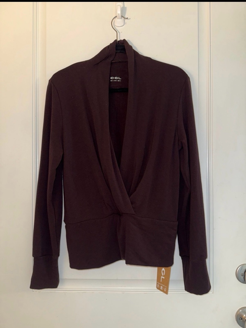 NWT—OGL WoMen’s Dark chocolate Brown Shawl-Collar Wrap Shirt Cardigan Large